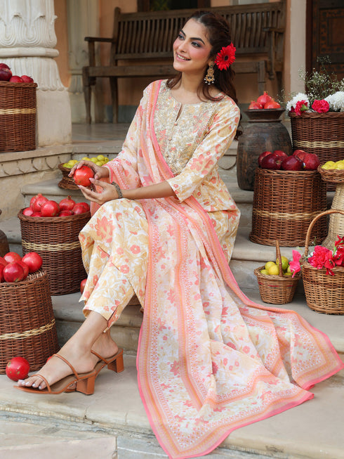 Cream Pure Cotton Floral Printed Yoke Embroidered A-line Kurta Set